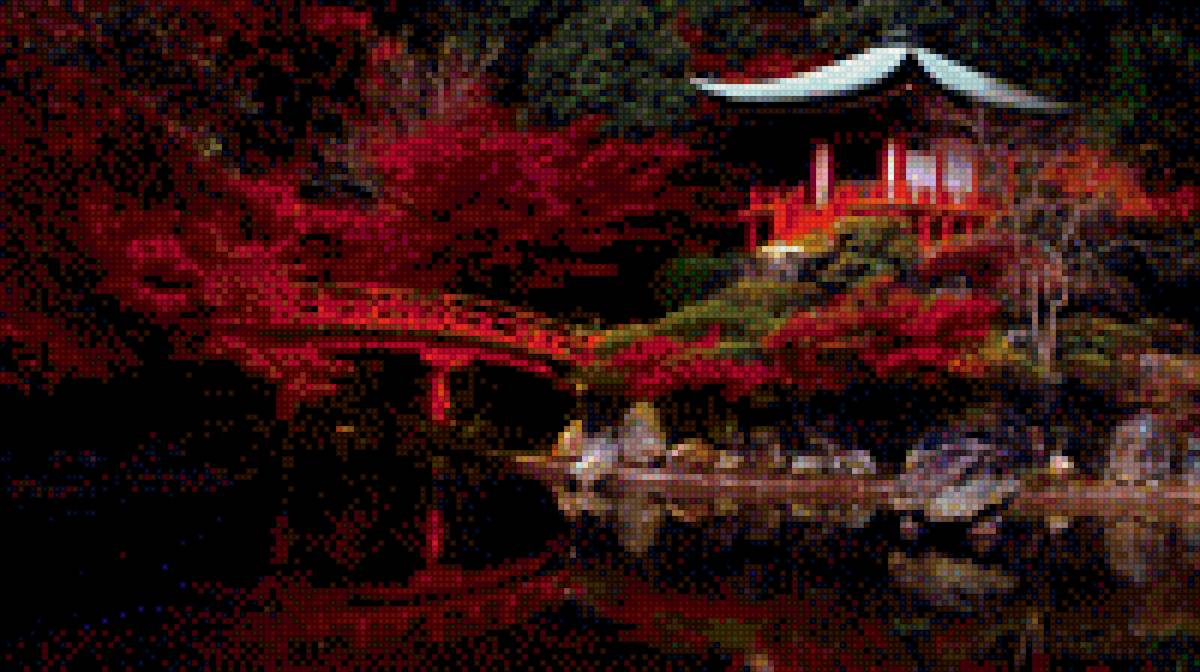 Японский пейзаж - пагода, пейзаж, япония, цветение, речка - предпросмотр