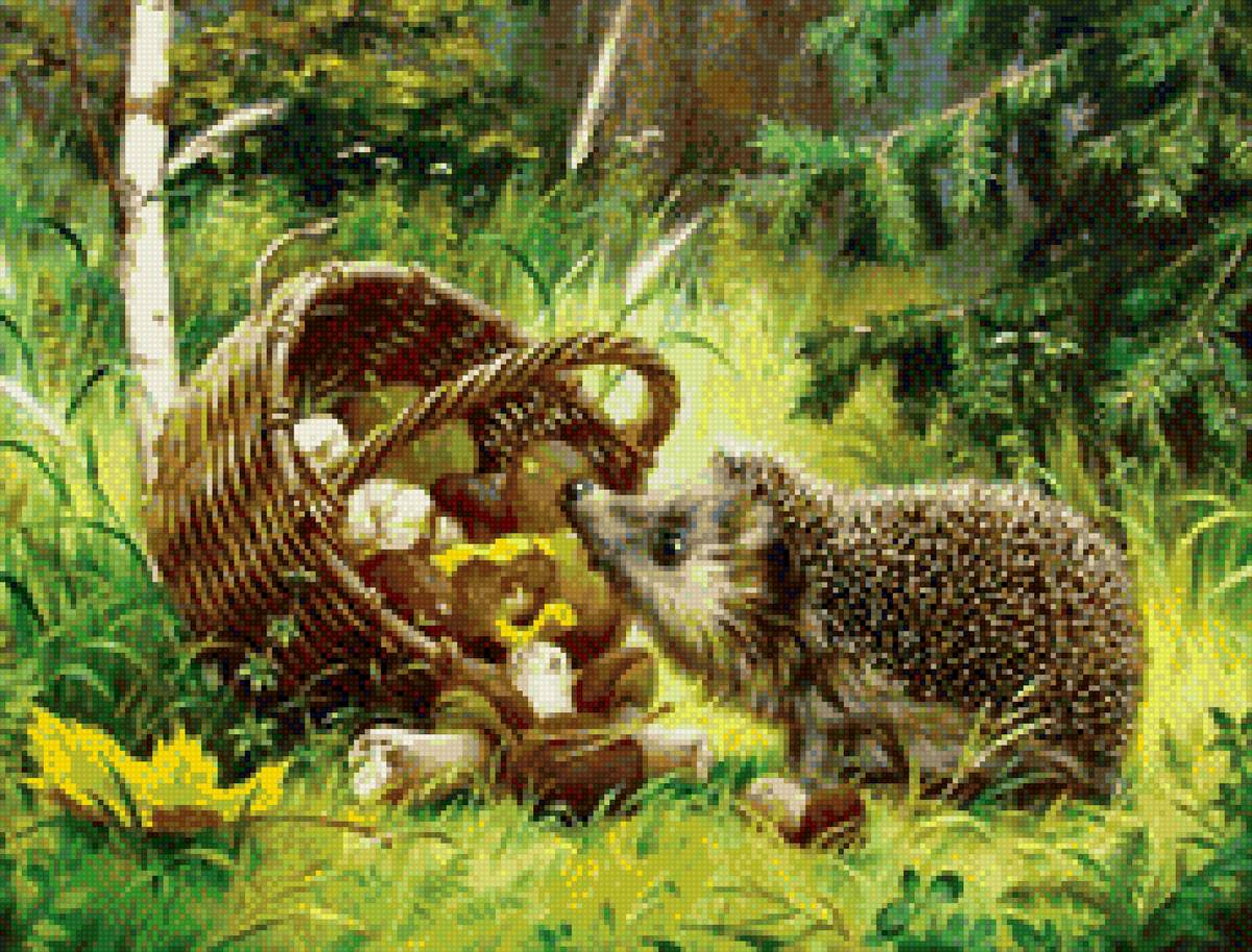 ёжик - ежик, лукошко, грибы - предпросмотр