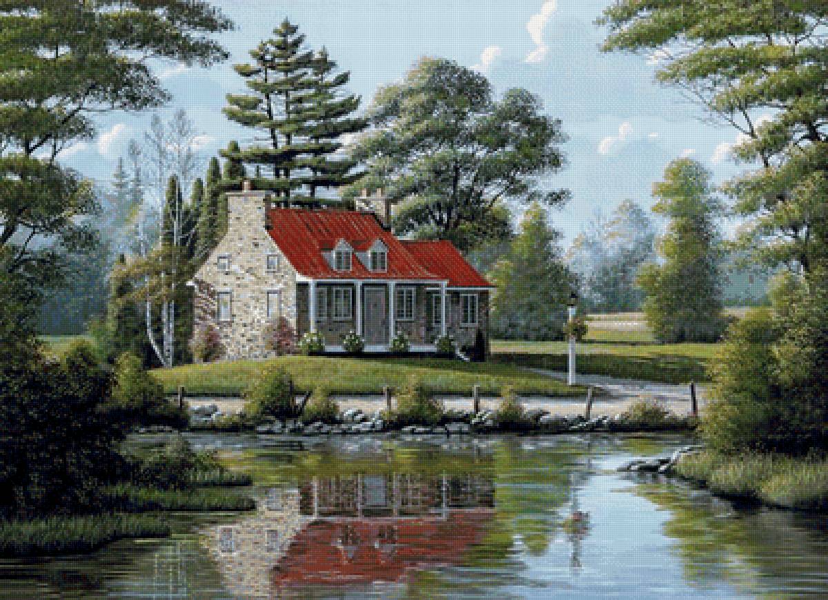 Пейзаж - река, дом, лес - предпросмотр