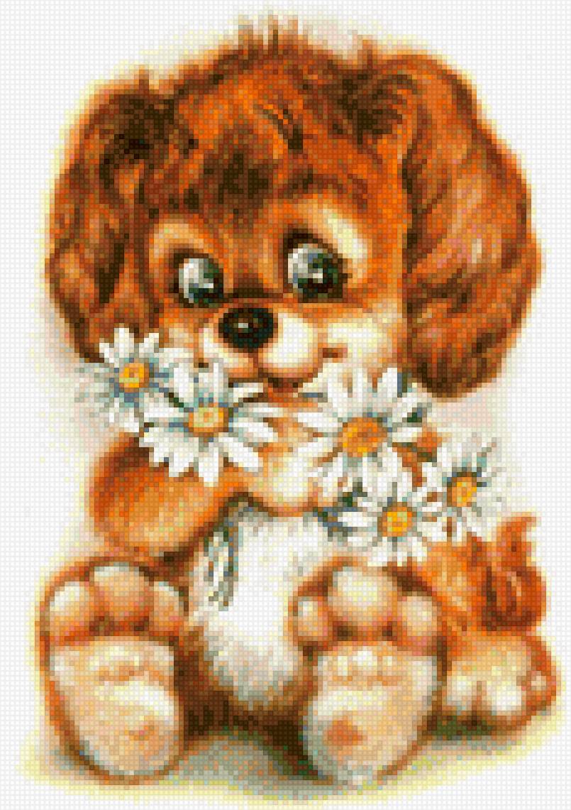 Щенок с ромашками - вышивка, схема, щенок, вышивка крестом - предпросмотр