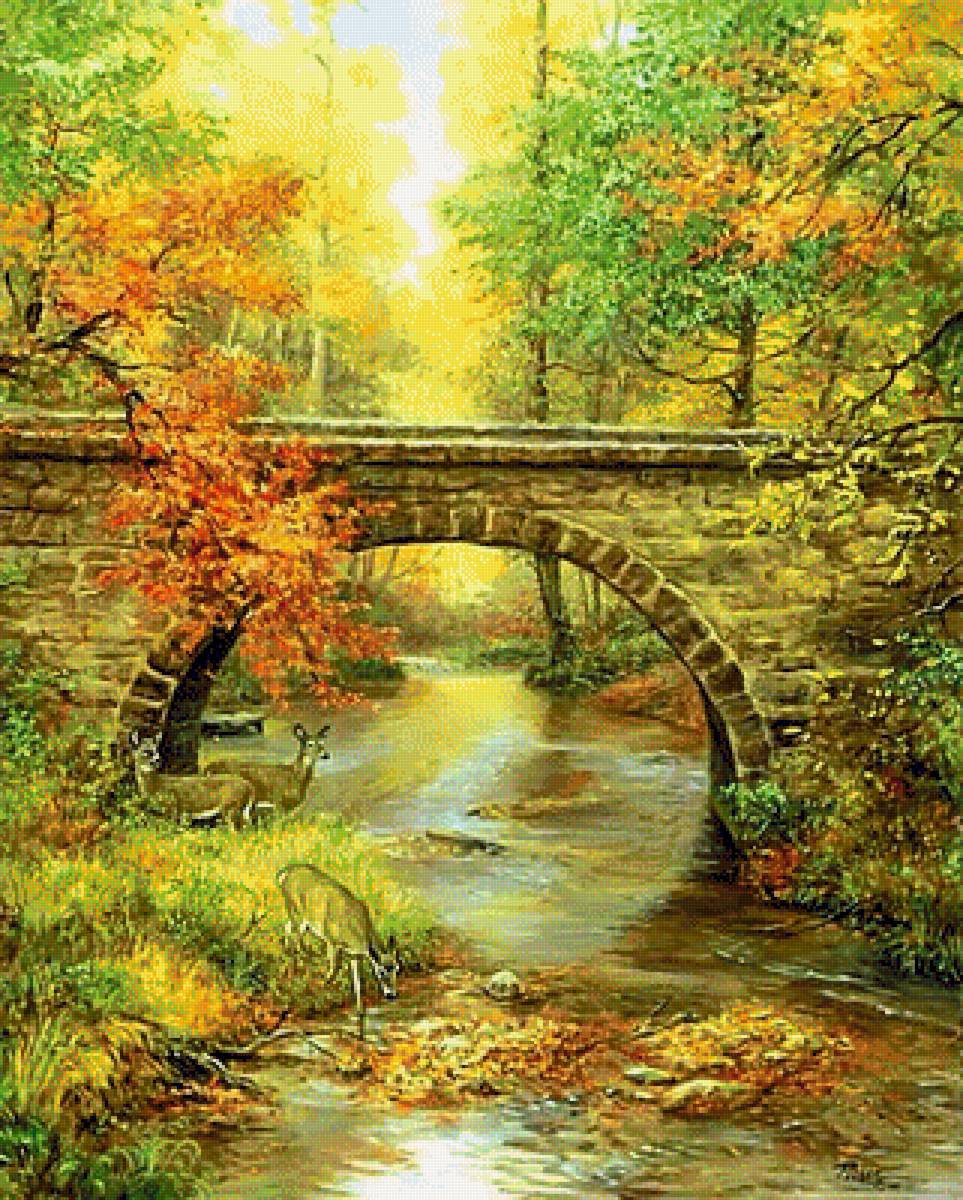 Пейзаж, - олени, живопись., мост, пейзаж - предпросмотр