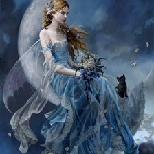 Схема вышивки «девушка,луна и котенок»