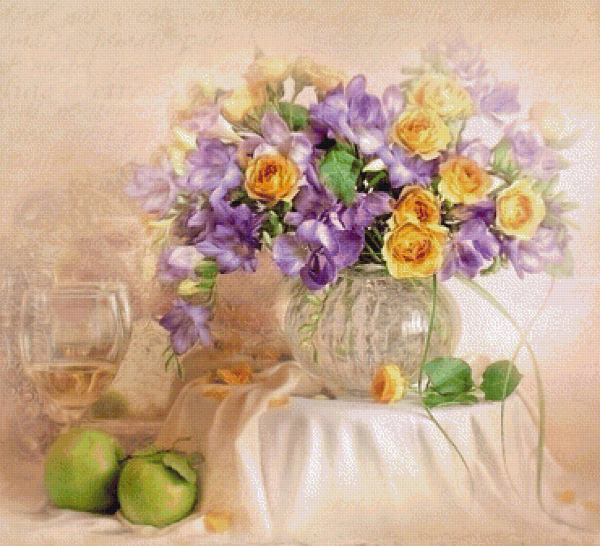 Натюрморт с бокалом - розы, натюрморт, цветы, букет - предпросмотр