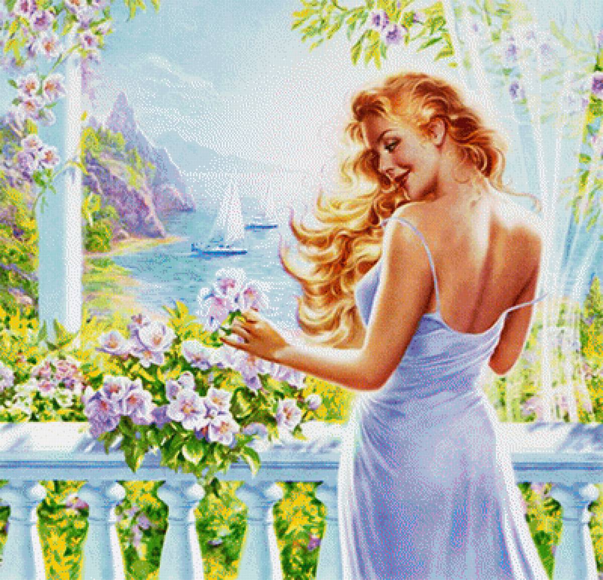 Девушка на балконе - море, яхты, девушка - предпросмотр