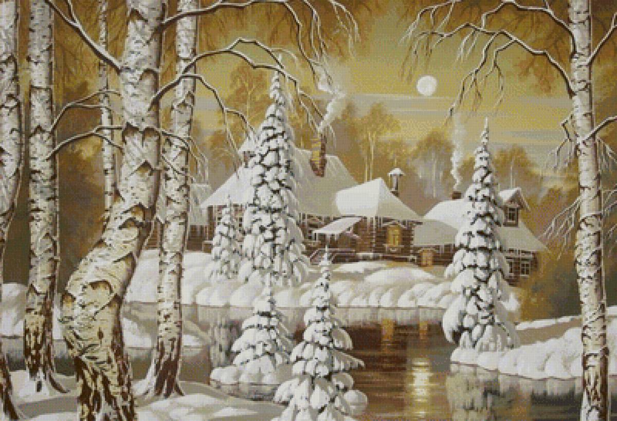 Зимний пейзаж - снег, дома, река, зима - предпросмотр