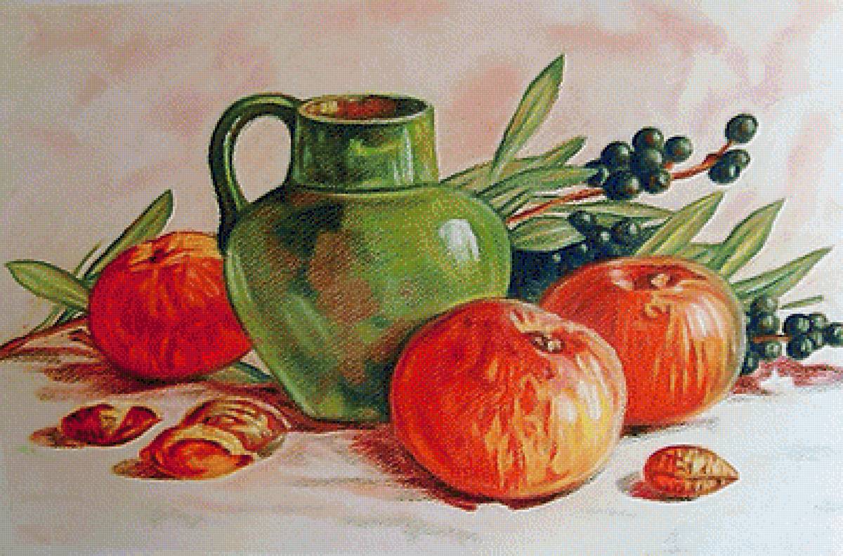 Натюрморт с зелёным  кувшином. - кувшин, натюрморт, живопись., фрукты - предпросмотр