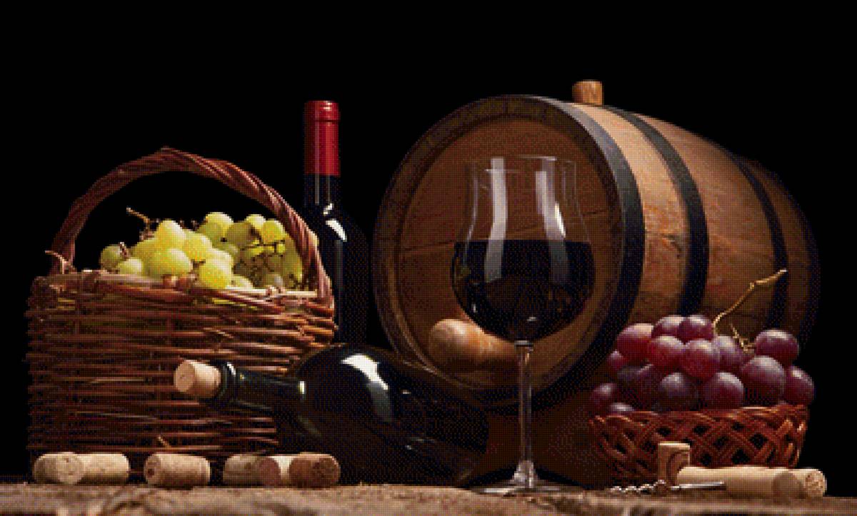 натюрморт с вином - вино, боченок, фрукты - предпросмотр