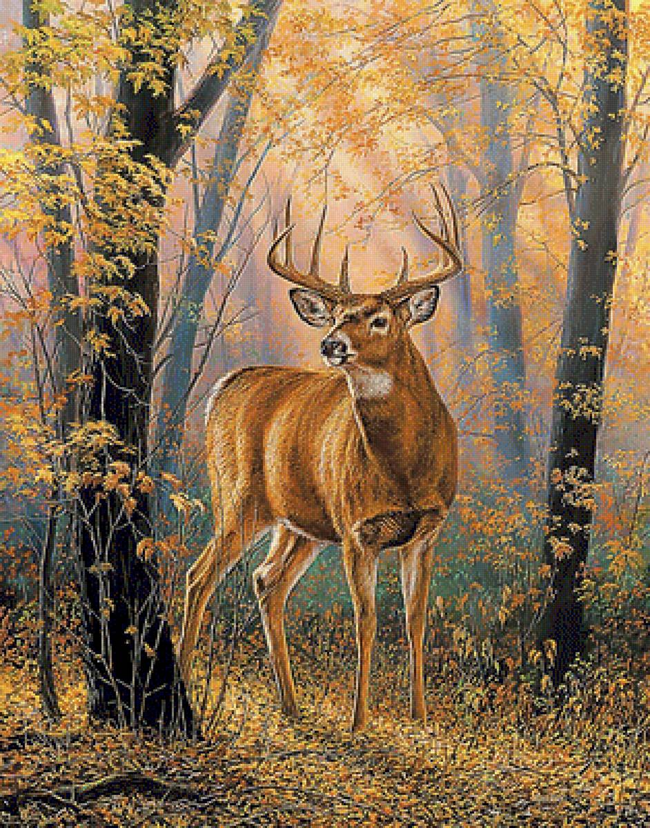 Олень. - живопись., олень, пейзаж - предпросмотр