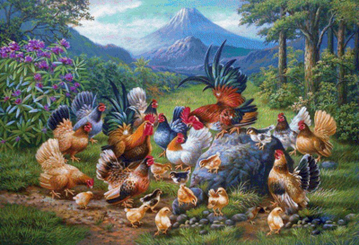 Семейка - горы, курочки, цыплята, петух - предпросмотр