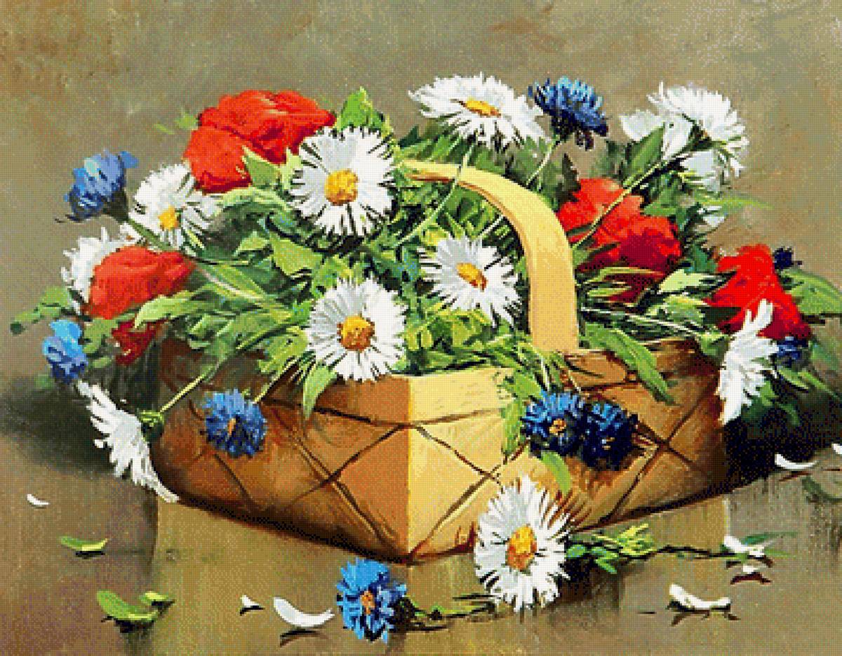 Натюрморт с полевыми цветами. - натюрморт. живопись., полевые цветы, корзина - предпросмотр