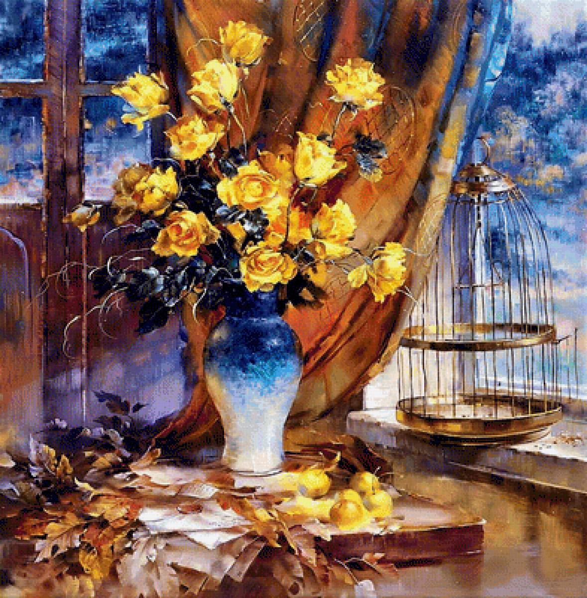 Yellow roses and a birdcage - предпросмотр