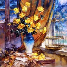 Схема вышивки «Yellow roses and a birdcage»