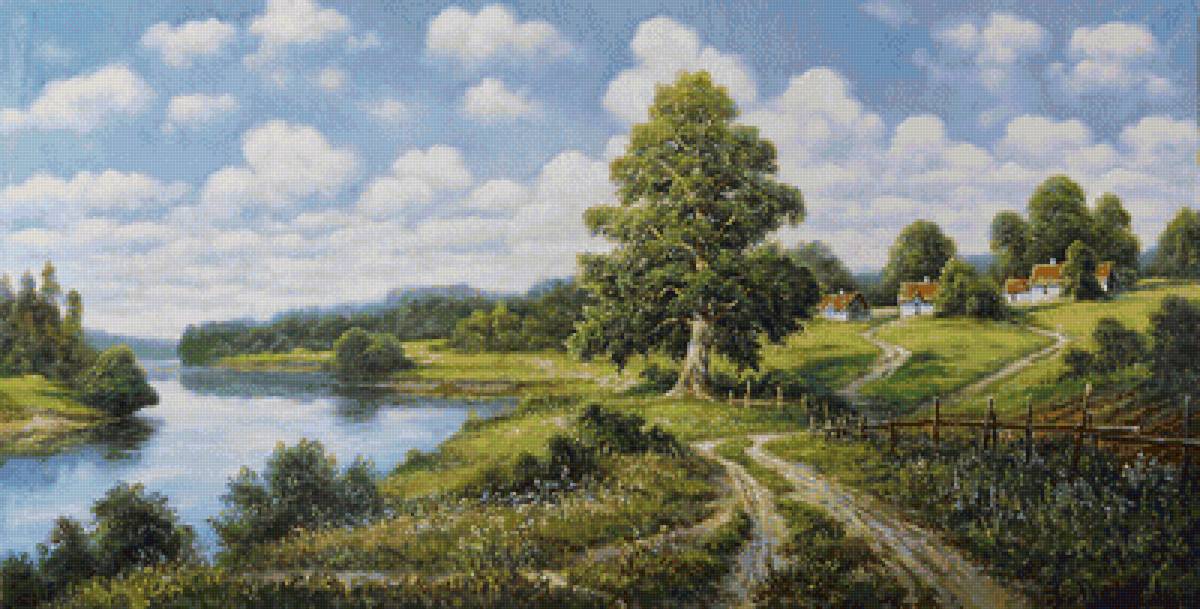 Пейзаж - домики, дуб, река, лето - предпросмотр