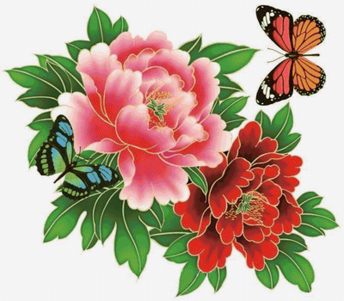 Пионы и бабочки - бабочка цветы пионы вышивка - предпросмотр