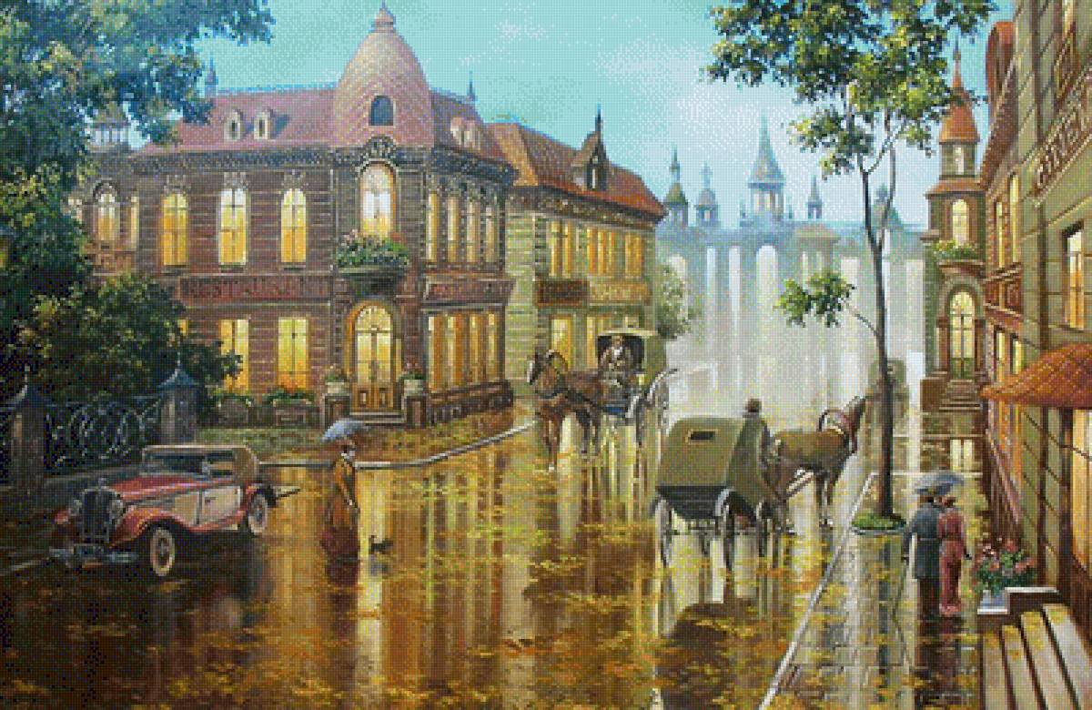 Городской пейзаж - улица, люди, лошадь, дома, дождь - предпросмотр