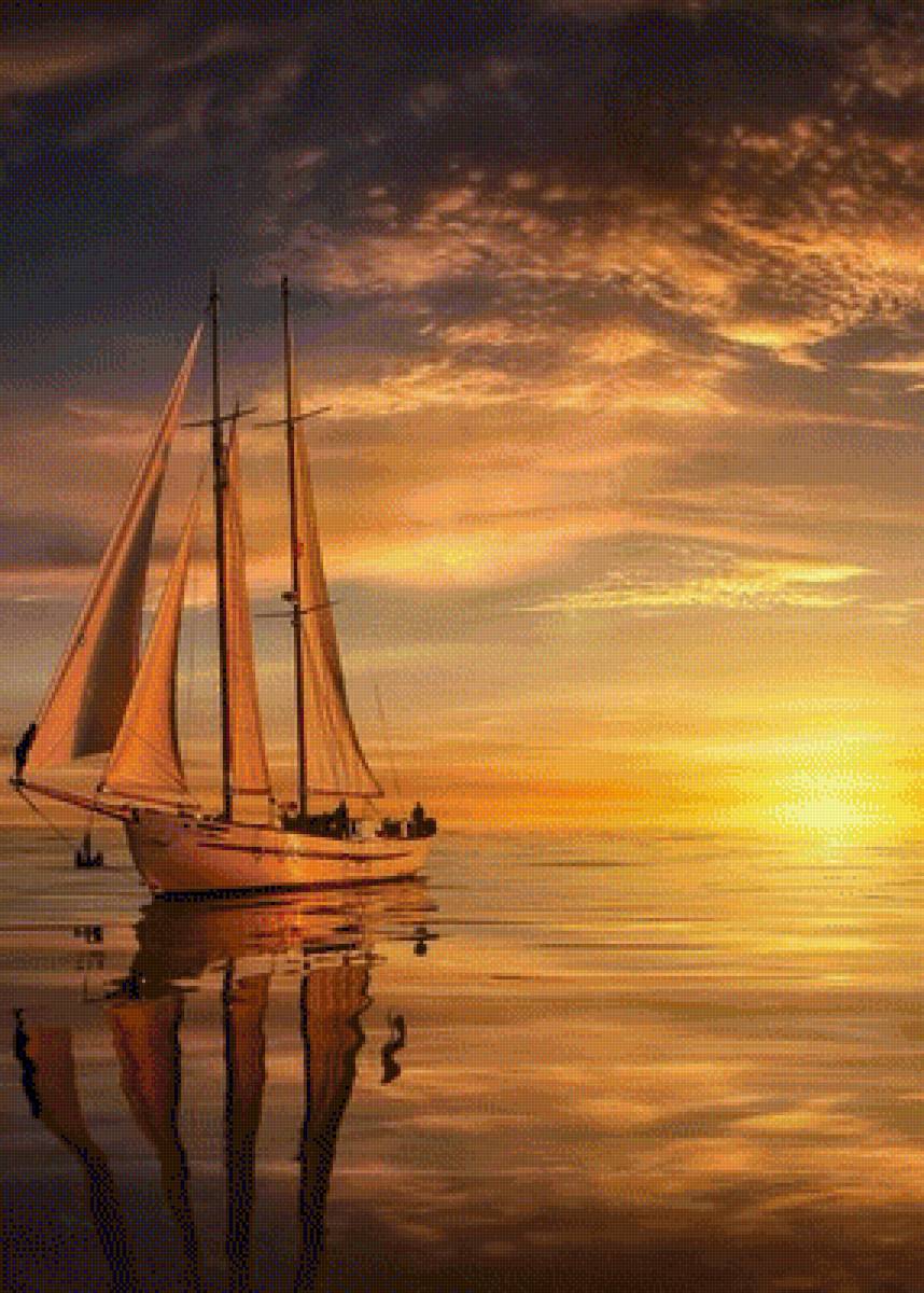 ВОСХОД СОЛНЦА В МОРЕ, ПАРУСНИК - пейзаж, парусник, восход солнца в море - предпросмотр