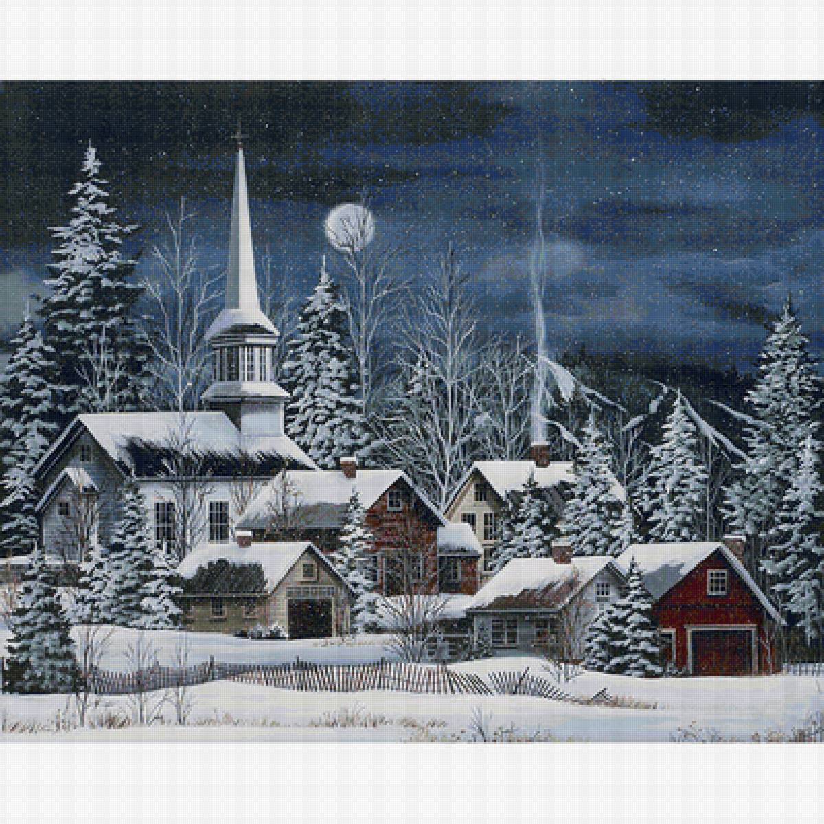 зимняя ночь - городок, снег, зима, дома - предпросмотр