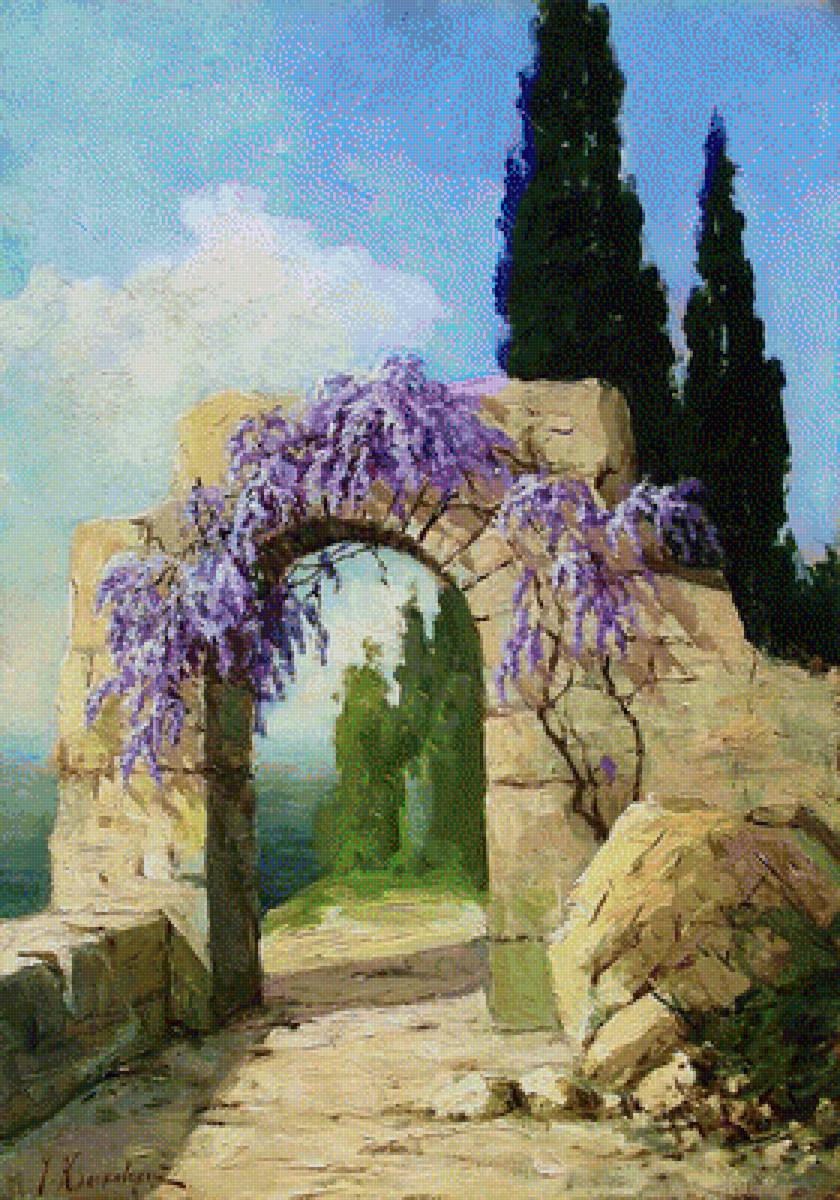 Арка в цветах - цветы, живопись, развалины, море, арка - предпросмотр