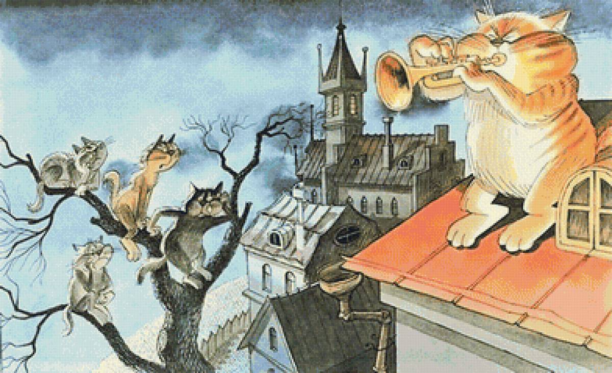 Виртуоз - кот, рисунок, коты, детское - предпросмотр