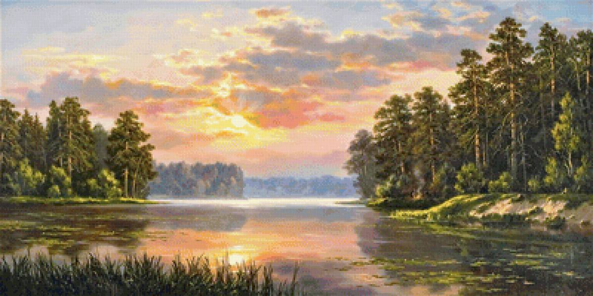 утро - лето, картина, лес, река, живопись - предпросмотр