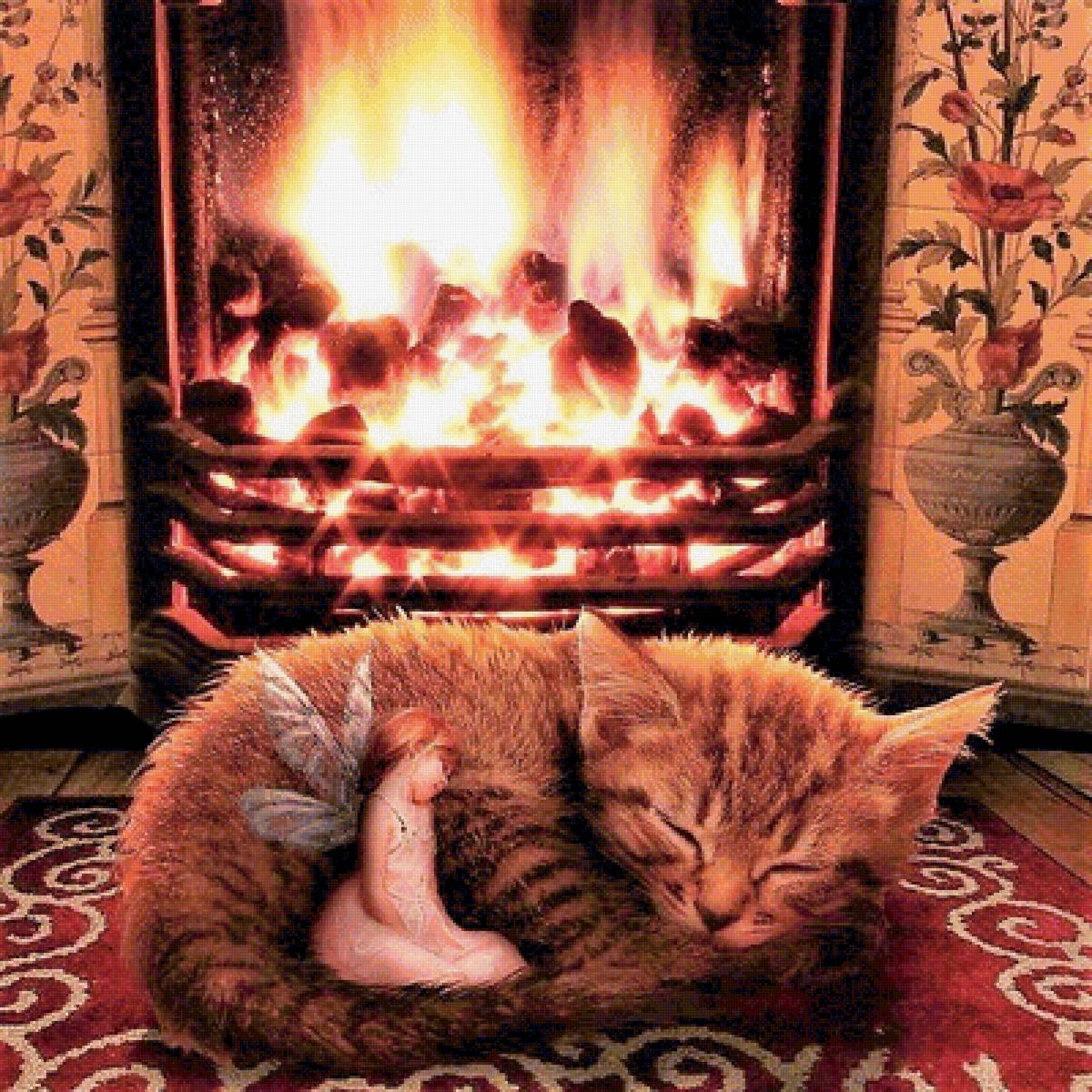 камин и кот - картина, живопись, кошки, животные - предпросмотр