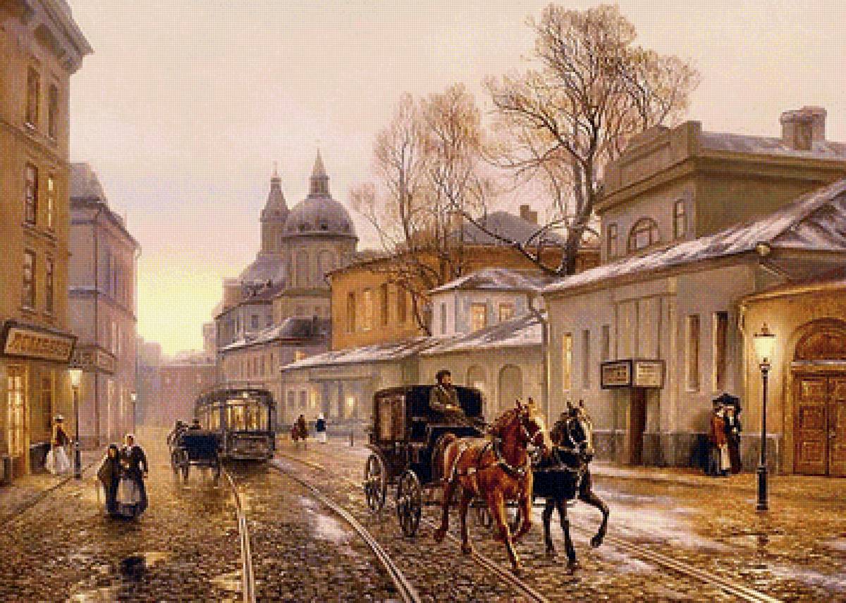 Горный пейзаж - дома, лошади, улица - предпросмотр