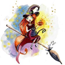 Схема вышивки «Ведьма на метле с котом»