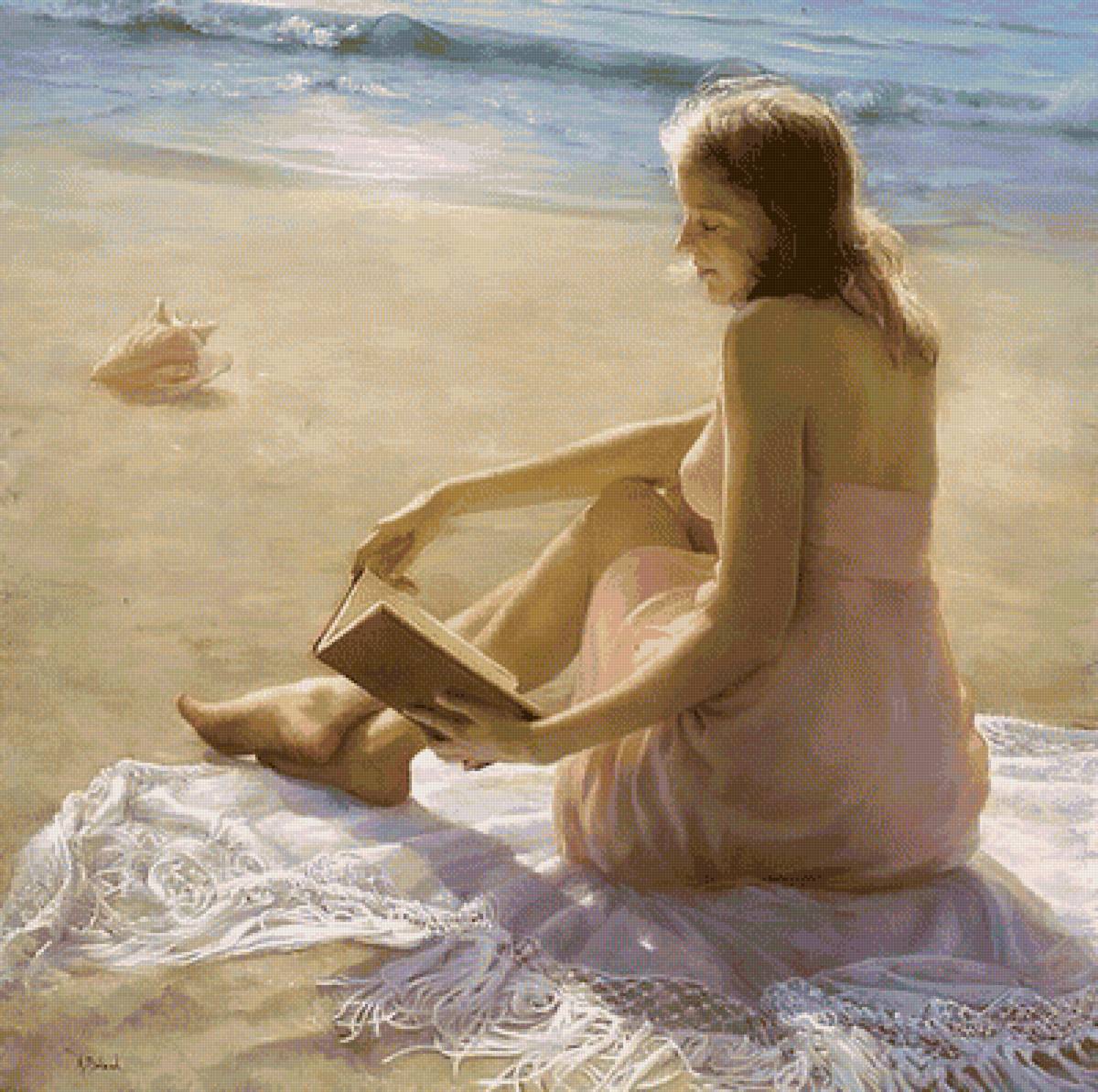 интересная книга - море, живопись, девушка, книга - предпросмотр