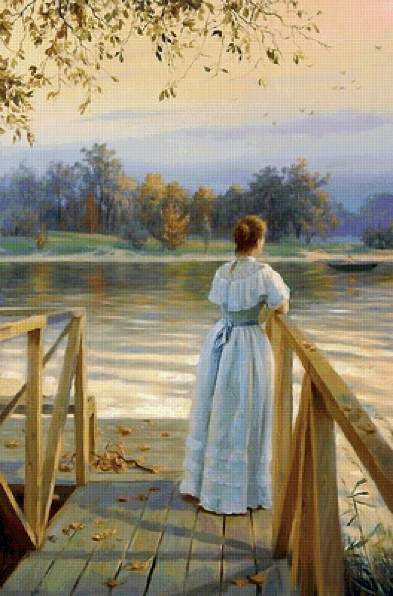 в ожидании у реки - девушка, картина - предпросмотр