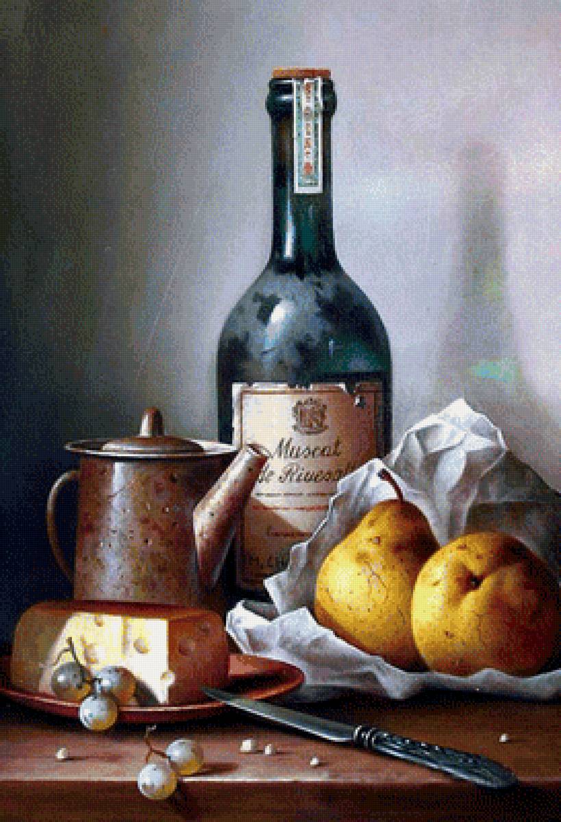 Натюрморт - сыр, бутылка, виноград, груши, вино - предпросмотр