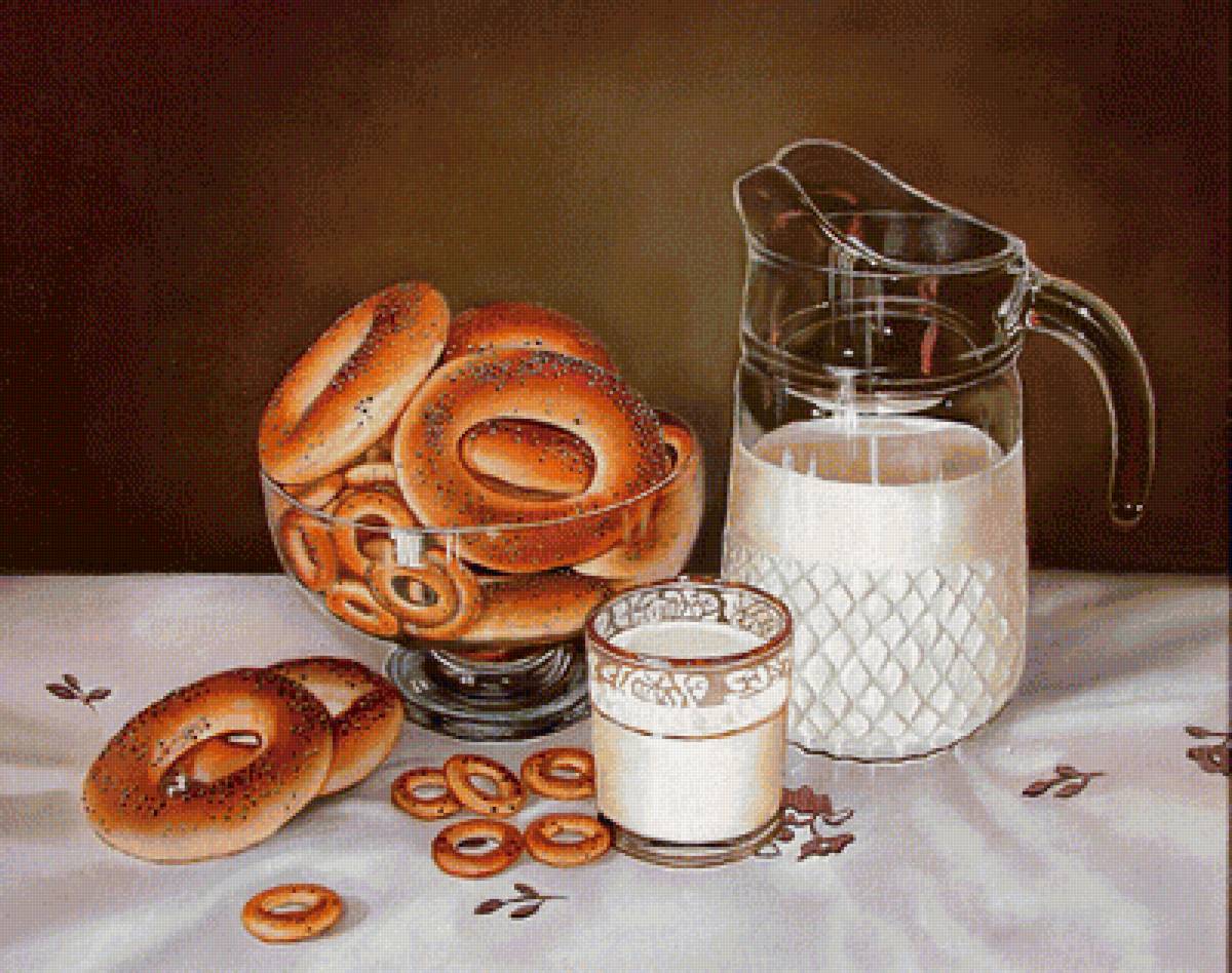 Натюрморт - кувшин, молоко, бублики с маком - предпросмотр