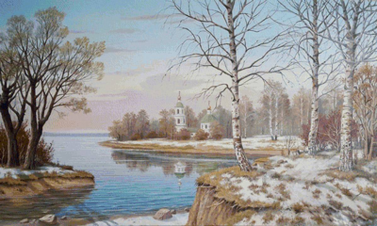Весенний пейзаж - весна, березы, пейзаж, река, снег, церковь, зима - предпросмотр