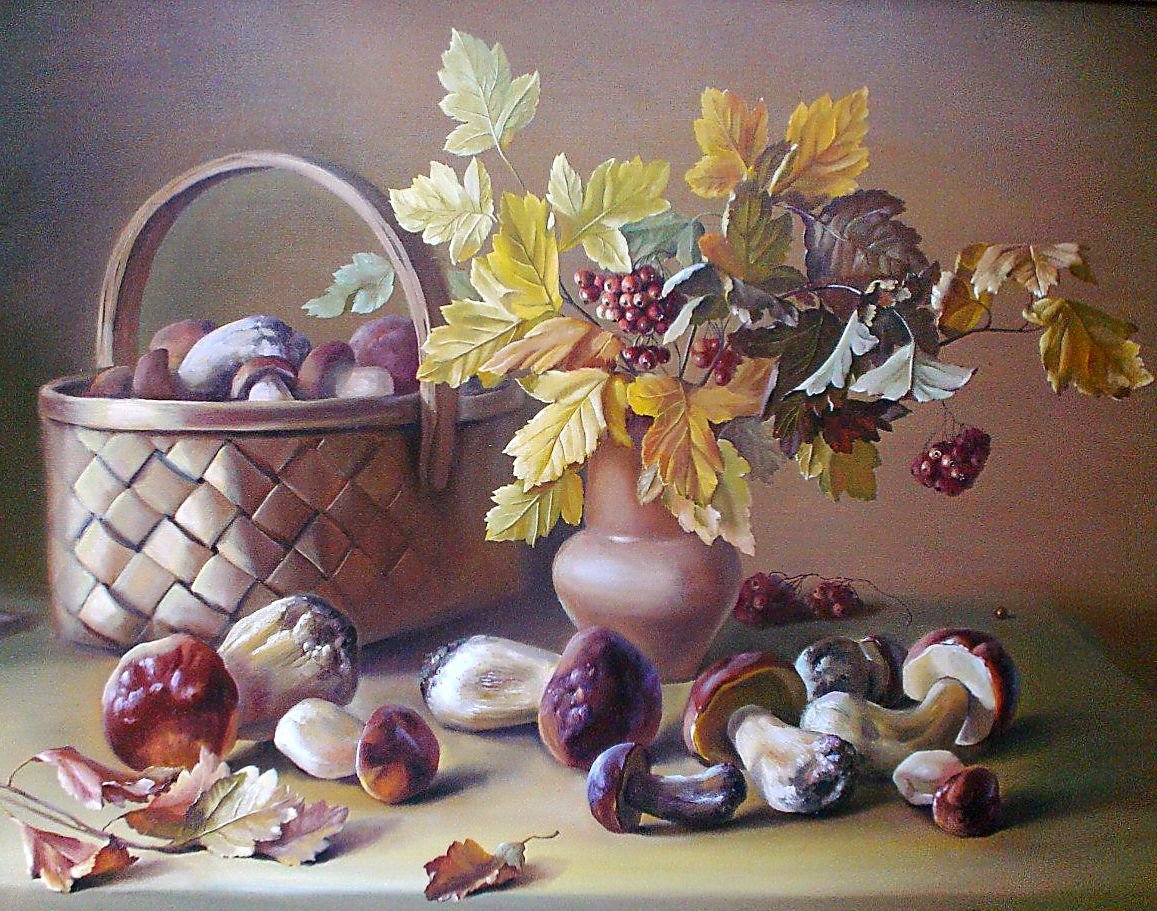 Осенний натюрморт. - корзина, живопись., натюрморт, грибы - оригинал