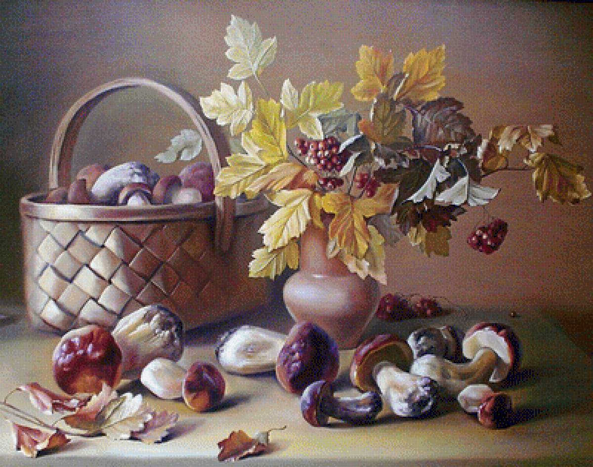 Осенний натюрморт. - живопись., грибы, корзина, натюрморт - предпросмотр