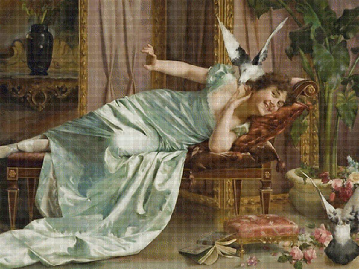 девушка и голуби - девушка, голуби, картина - предпросмотр