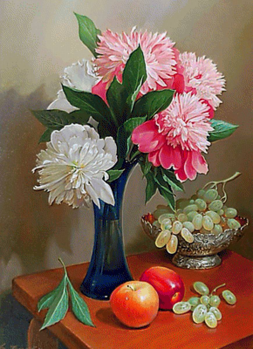Натюрморт. - пионы, натюрморт, живопись., фрукты - предпросмотр