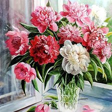 Схема вышивки «Пионы на окне.»