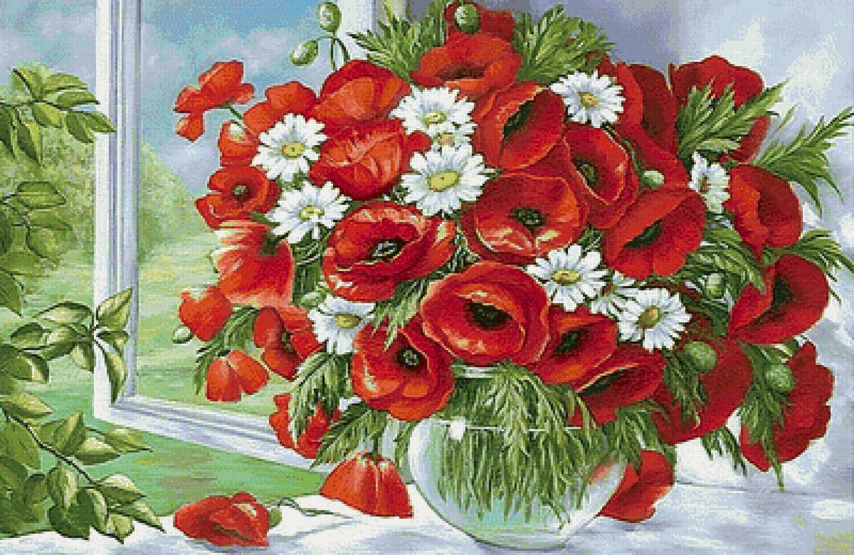 Букет полевых цветов - цветы, букеты, ромашки, маки - предпросмотр