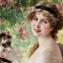 Схема вышивки «девушка с котёнком»