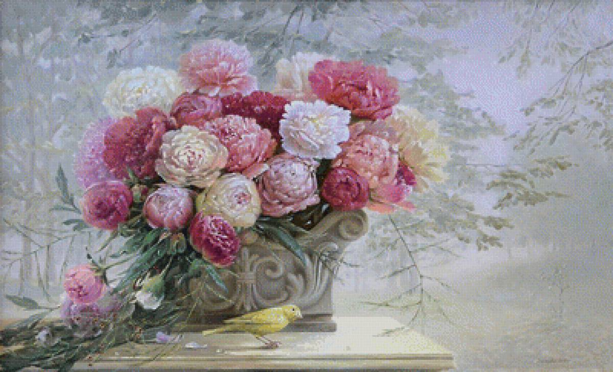 канарейка и цветы - букет, картина, кувшин, канарейка, птица, цветы, пейзаж - предпросмотр