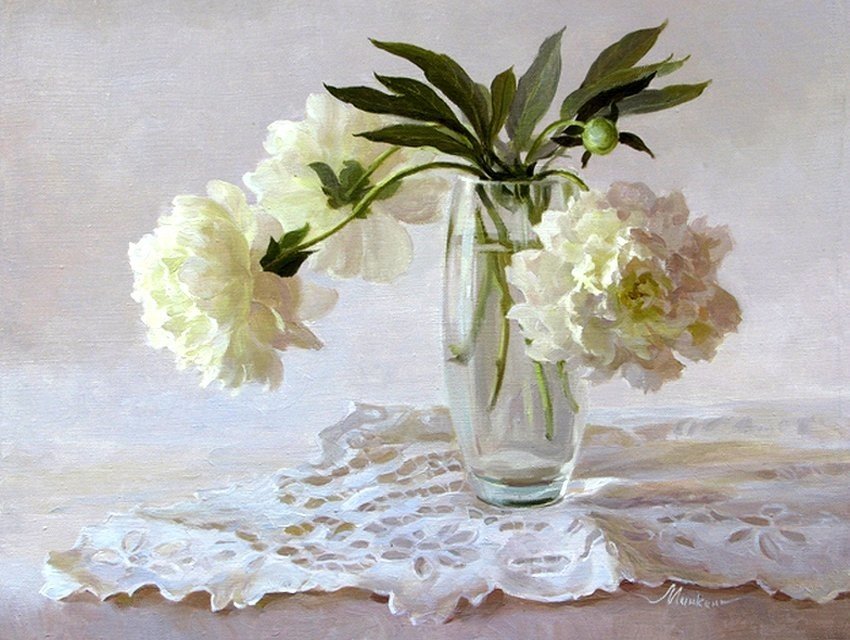 пионы - букет, пейзаж, кувшин, пионы, картина, цветы - оригинал