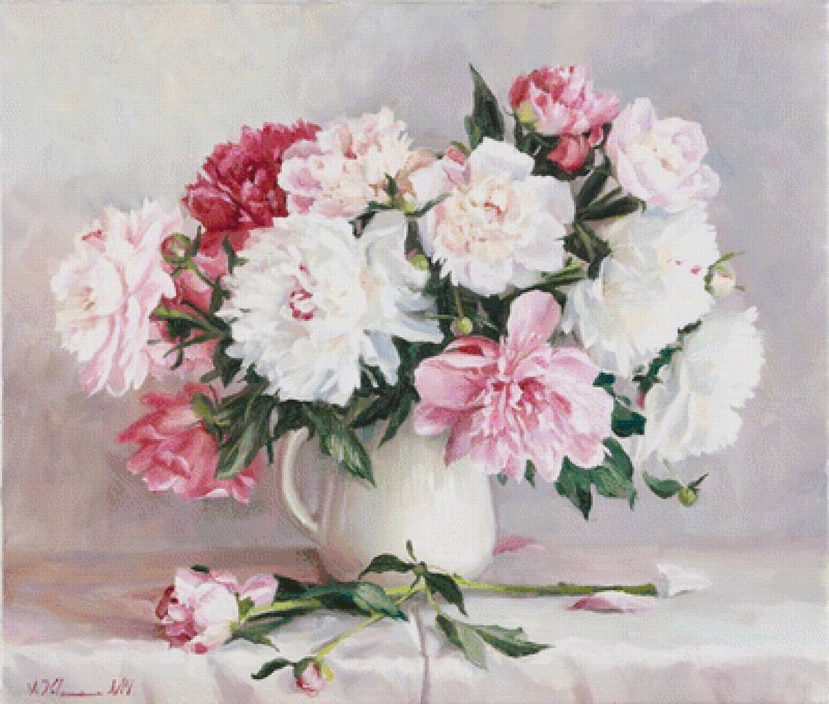 пионы - пионы, пейзаж, кувшин, картина, букет, цветы - предпросмотр