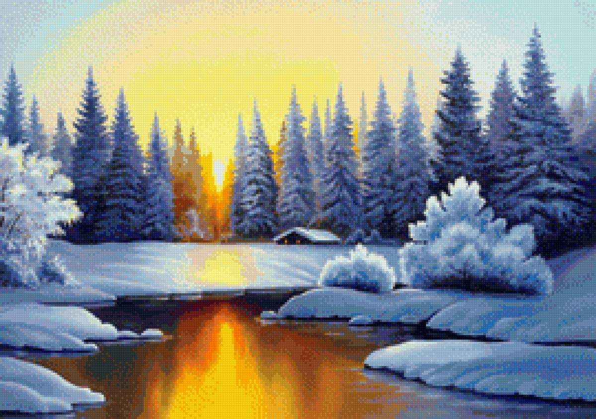 Худ. Деревенчук Вл. Рассвет - зима, пейзаж, природа, солнце - предпросмотр