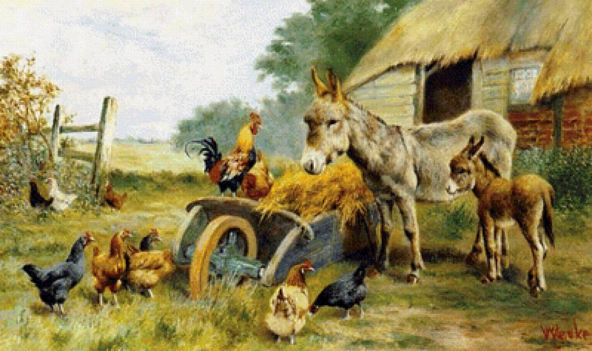 Сельский дворик - ослы, телега, сено, петухи - предпросмотр