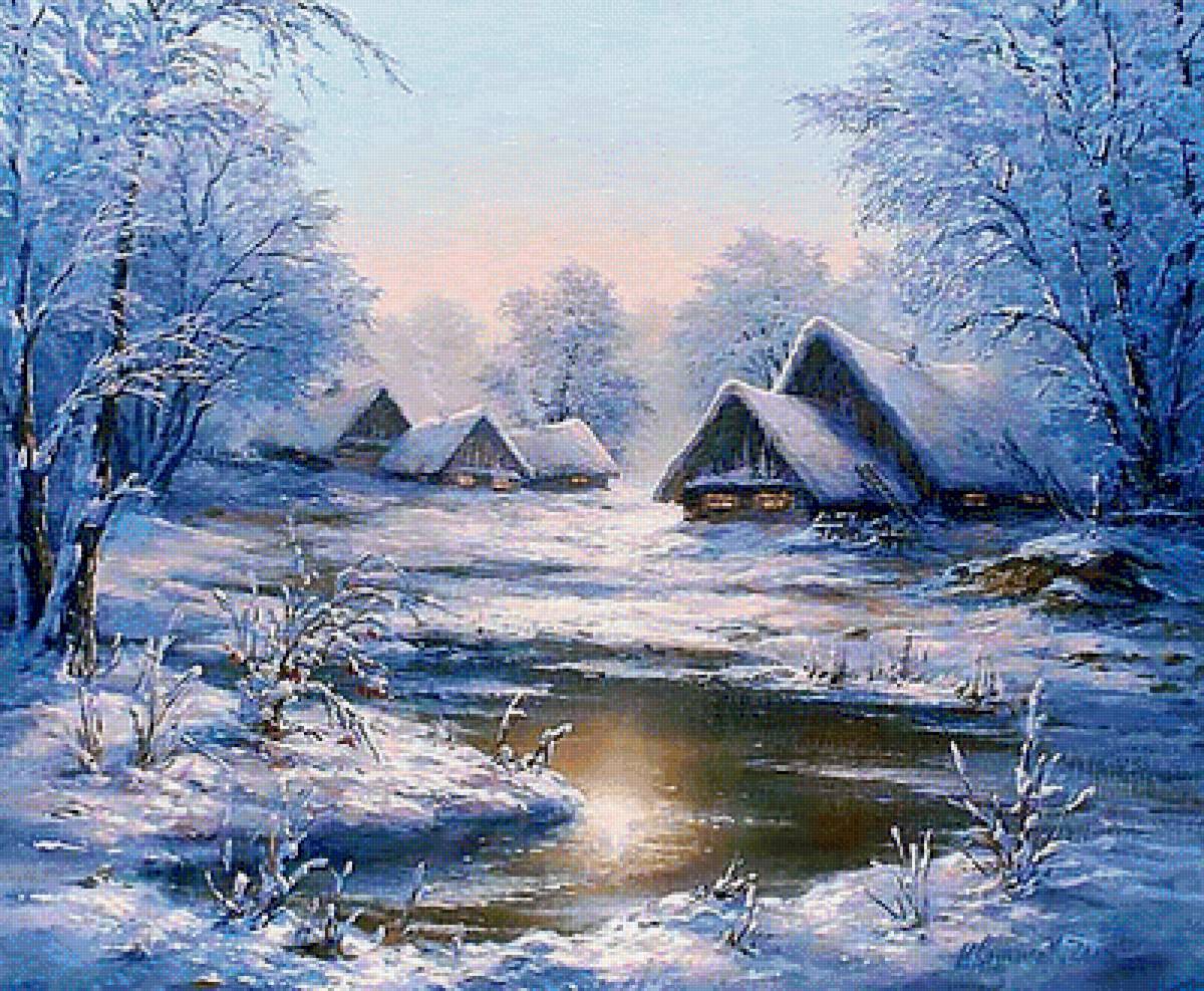 Зимняя речка. - пейзаж, зима, живопись., река - предпросмотр