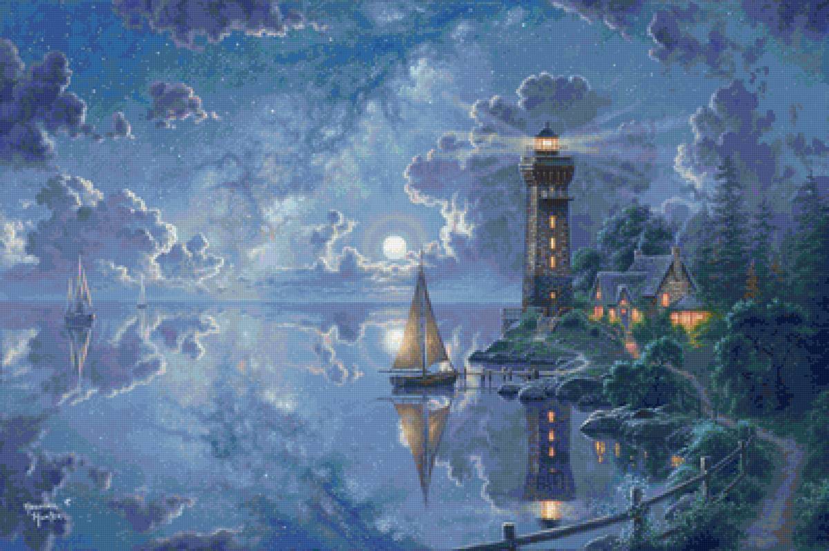 Light of peace by Abraham Hunter - маяк, абрахам хантер, ночь, картина, млечный путь, парусник - предпросмотр