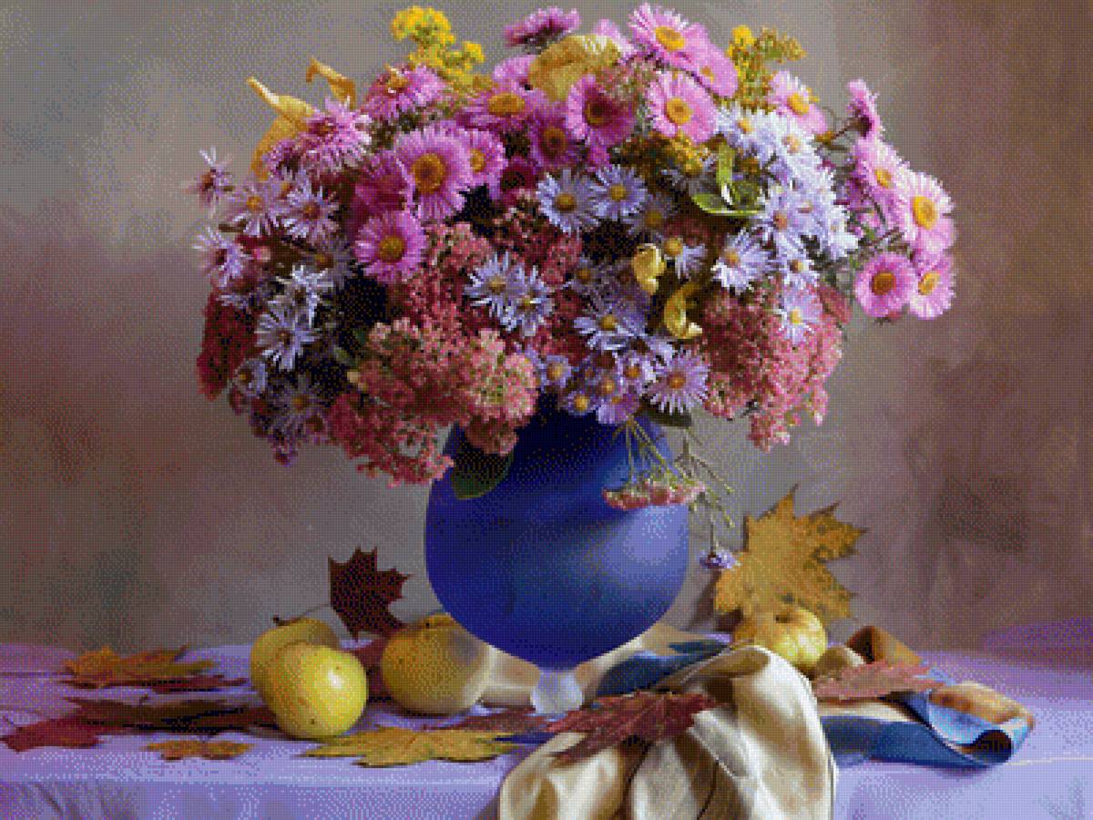 НАТЮРМОРТ С ЦВЕТАМИ, ЯБЛОКИ - осение цветы яблоки,  - предпросмотр