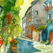 Акварель улица рисунок.