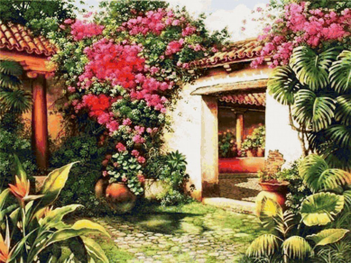 Цветущий дворик - дворик, цветы, лето - предпросмотр