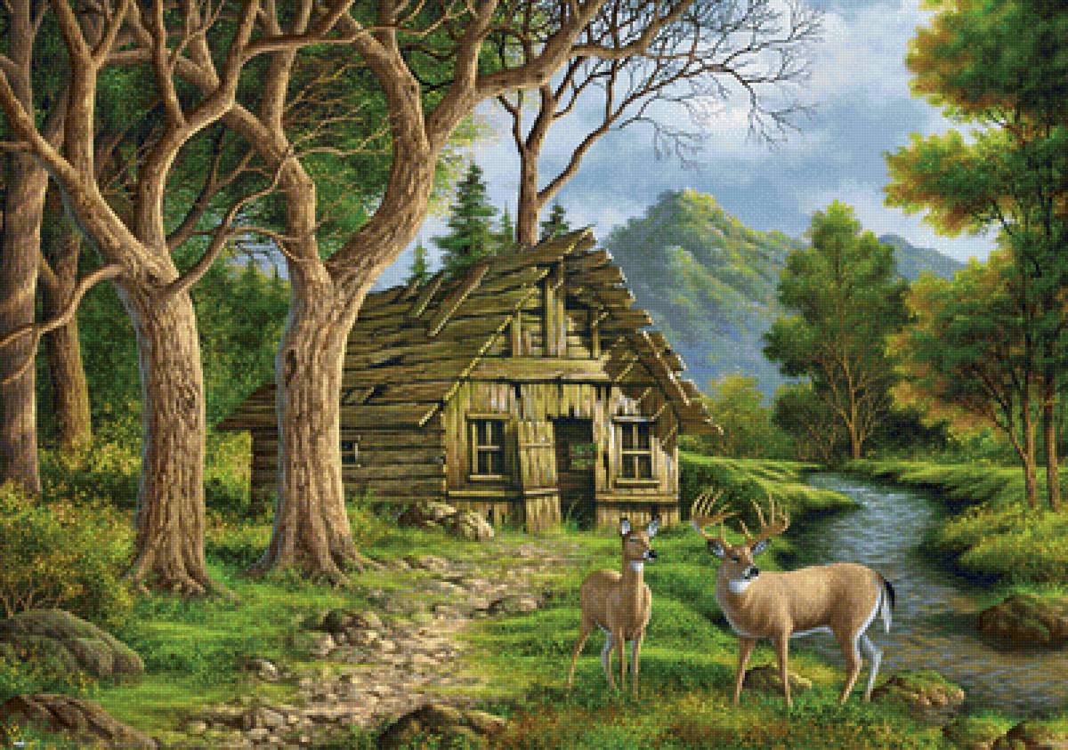 Пейзаж - олени, река, домик, горы, лес - предпросмотр